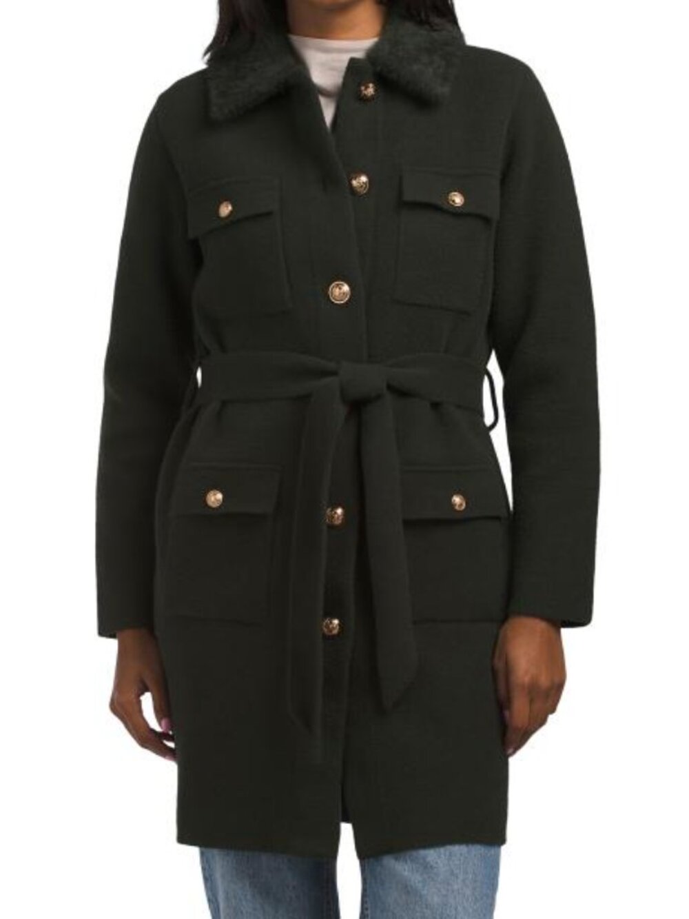 NVLT Mid Length Button Front Faux Mink Eyelash Military Coatigan